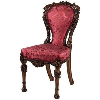 Carved Walnut Chair with Red Silk Upholstery