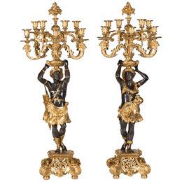 Important Pair of 19th Century Patinated & Gilt bronze Figural Candelabra