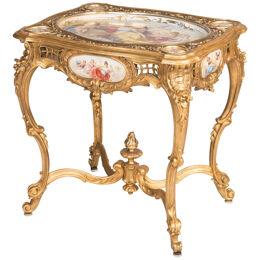 Louis XV Style Giltwood Carved Table Mounted with Hand-Painted Porcelain