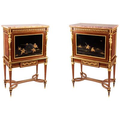 Incredibly Rare Pair of Lacquer-Mounted Louis XVI Style Cabinets