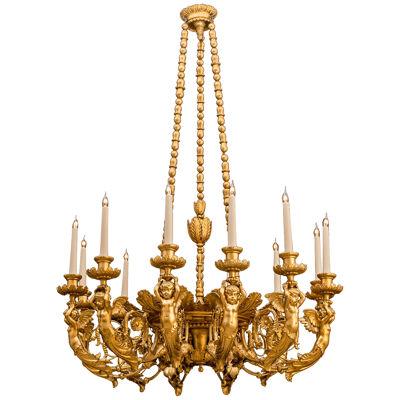 Rare 19th Century Italian Carved and Gilded 12-Light Chandelier