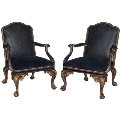 Magnificent Pair of George II Style Walnut & Parcel Gilt Armchairs