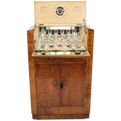 Antique Art Deco Burr Walnut Cocktail Cabinet Dry Bar & Glassware c.1920