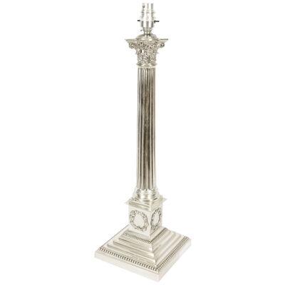 Antique Victorian Silver Plated Corinthian Column Table Lamp Ca 1880 19th C