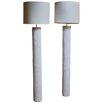 Pair of Textured Plaster Cylindrical Floor Lamps