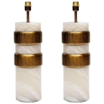 Pair of Alabaster Lamps with Brass Ring by Glustin Luminaires Creation 