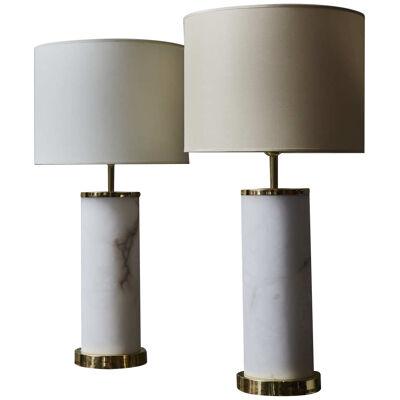 Tall Enlightened Alabaster Cylinder and Brass Table Lamps by Glustin Luminaires
