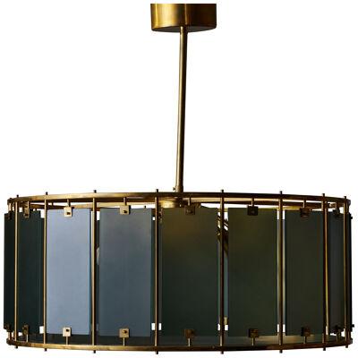 Round Brass Chandelier with Frosted Glass Panels