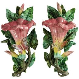 Pair Fives-Lille Majolica Butterfly Wall Pockets