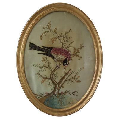Antique Silkwork Embroidery of a Bird in a Tree