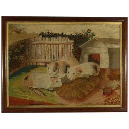 Georgian Woolwork Embroidered Picture of Guinea Pigs