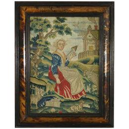 Early 18thC Petit Point Embroidery of a Lady