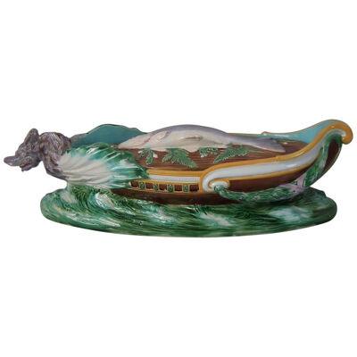 English Majolica Boat Tureen with Fish Cover