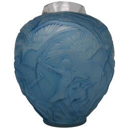 Rene Lalique Glass Archers Vase, Blue Stained