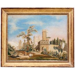 19th Century French Gauche & Thread Capriccio Castle Scene