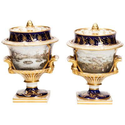 Pair 18th Century Handpainted Royal Worcester Lidded Ice Pails