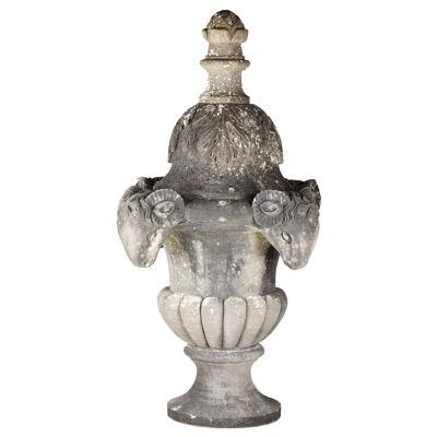 Late 18th Century Carved Limestone Garden Urn With Stylised Ram Heads