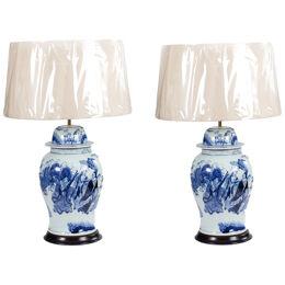 Pair Blue & White Temple Jar Lamps
