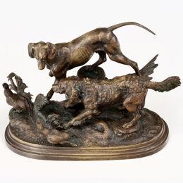 19th Century Bronze Statue of Dogs Hunting Grouse Signed F. Pautrot