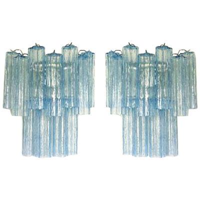 Light-Blue “Tronchi”Murano Glass Wall Sconces in Venini Style - a Pair