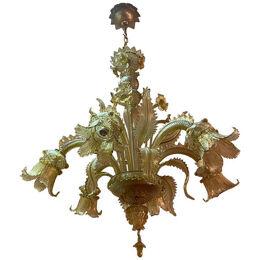 1970s Italian Style Murano Glass Multicolors With Gold Chandelier