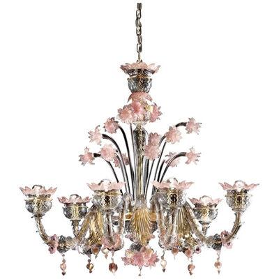 Early 21st Century Venetian Gold and Pink Floral Murano Glass Chandelier