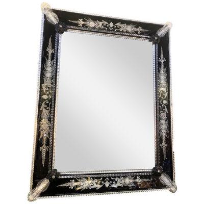 21st Century Venetian Black Floreal Hand-Carving Wall Mirror in Murano Glass