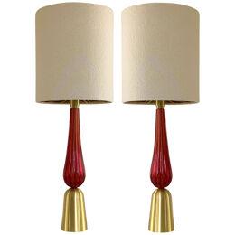 RED Murano Glass Table Lamps With Bouclé Lampshde by SimoEng