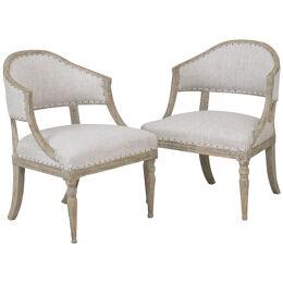 19th c. Pair of Swedish Gustavian Painted Barrel Back Armchairs