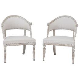 19th c. Pair of Swedish Gustavian Painted Barrel Back Armchairs with Lion Heads