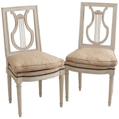 19th c. French Pair of Lyre Back Chairs in Original Paint