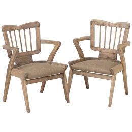 Pair of Mid Century French Armchairs in Bleached Beech Wood