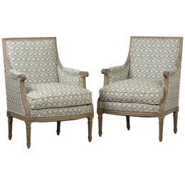 19th c. French Pair of Louis XVI Bergère Chairs in Original Paint
