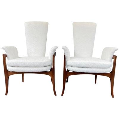 Sculptural Mid-Century Modern Lounge Chairs, Walnut and White Boucle Fabric