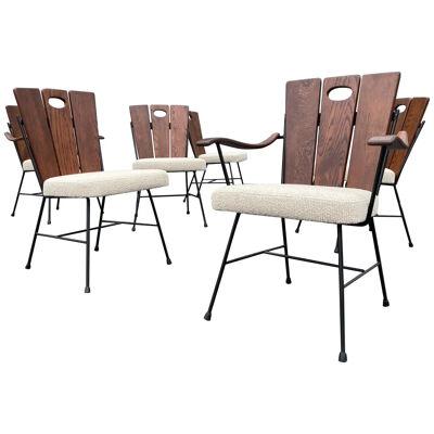 Set of Six 1950s Iron and Oak Dining Chairs