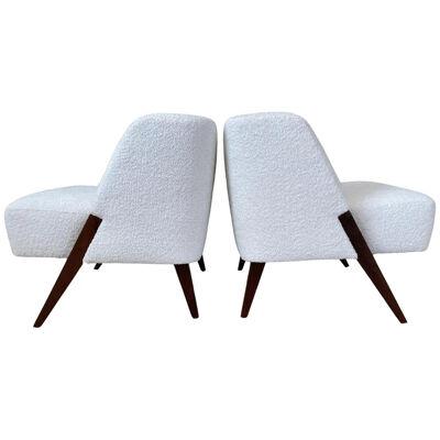 Pair of Lounge Chairs Attributed to Gio Ponti, Walnut and Ivory Bouclé Fabric