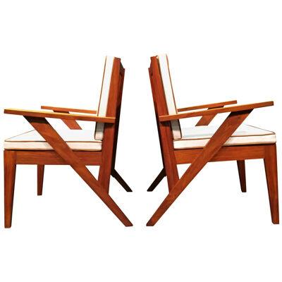 Pair of Great Armchairs in the Style of Pierre Jeanneret, 1950s, Brown, Wood