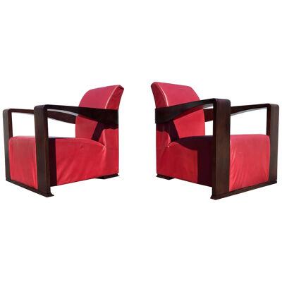 Art Deco Style Lounge Chairs, Red Leather