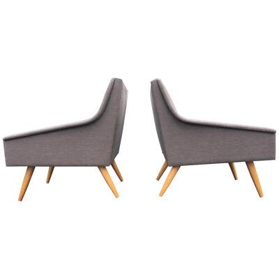 Danish Modern Lounge Chairs, Gray Fabric, Oak Legs