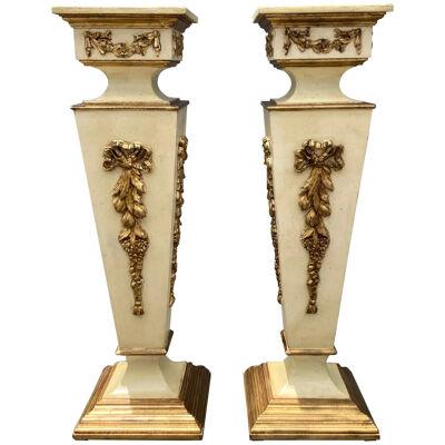 Pair of Italian Pedestals, Columns, Stand, Gold, Beige, 1950s