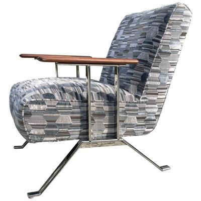 Modern Chrome Lounge Chair with Walnut Arms