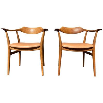 Rare Pair of Sigurd Ressell Arm Chairs for Niels Vodder, Oak and Leather