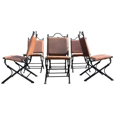 Set of Six Ilana Goor Leather and Iron Dining Chairs