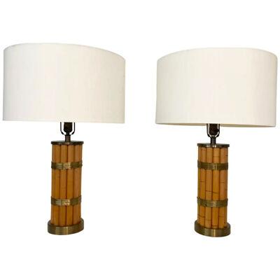 Pair Russel Wright Faux Bamboo Brass Wrap Table Lamps, Mid Century Modern