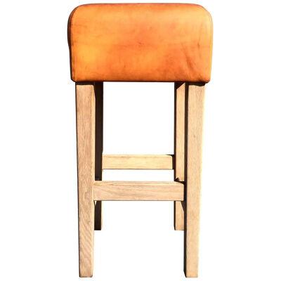 Oak and Cognac Saddle Leather Bar Stool in the Style of Jean-Michel Frank