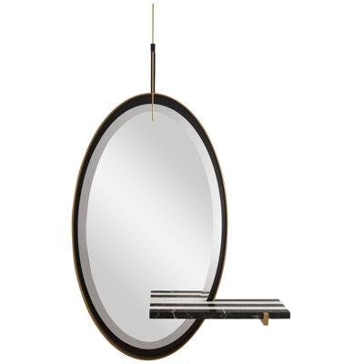 'Ellipse' Mirror by Isabelle Stanislas with Striped Black and White Marble Shelf