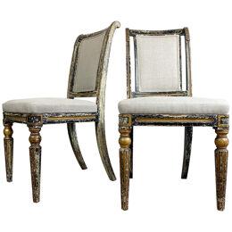 Pair of Black & Gilt Regency Caned Dining Chairs