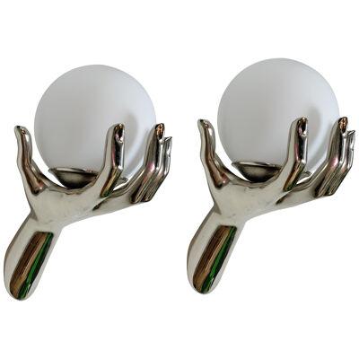 An as New Pair of 1970's Maison Arlus Chrome Hand Wall Sconces