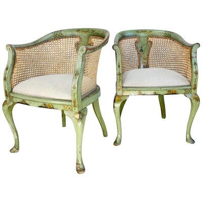  Pair of 19th Century Green Queen Anne Revival Chinoiserie Bergere Chairs