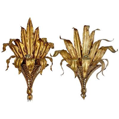Pair of Italian Gilt Tole Palm Leaf and Coronet Wall Lights